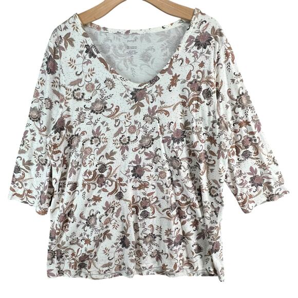 J Jill Pure Printed Soft V Neck Top Large Tall White Tan Floral Casual Boho Chic - Picture 2 of 14